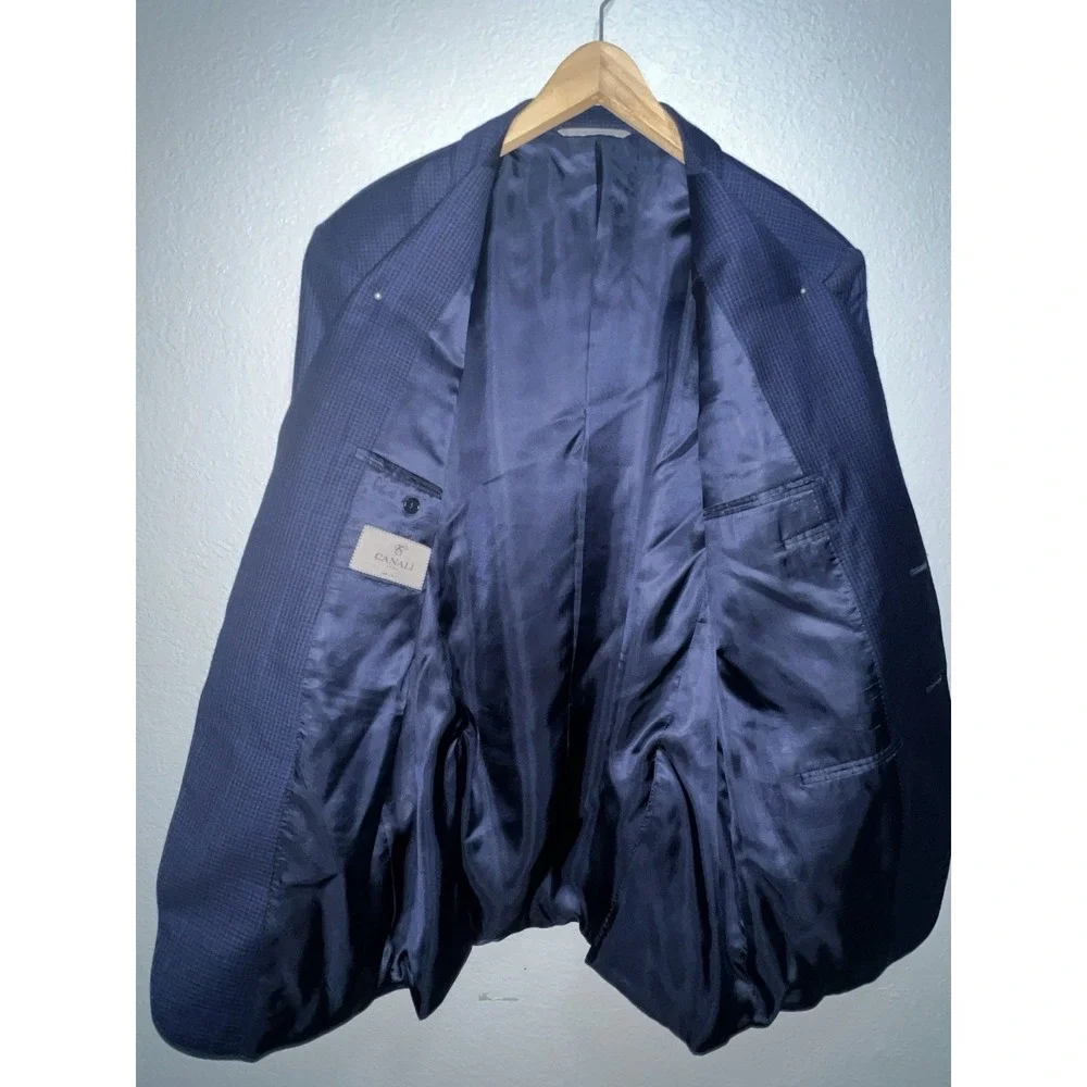 CANALI Suit Jacket Men's 44L Dual Vent 100% Wool Blue Windowpane 54L EU Coat